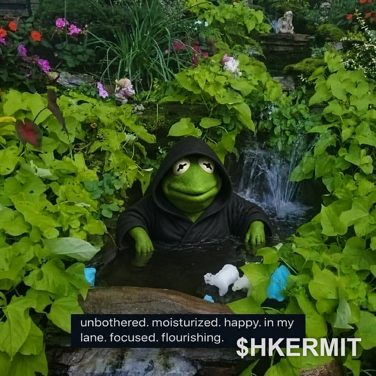 Kermified meme: hooded Kermit flourishing in a garden pond