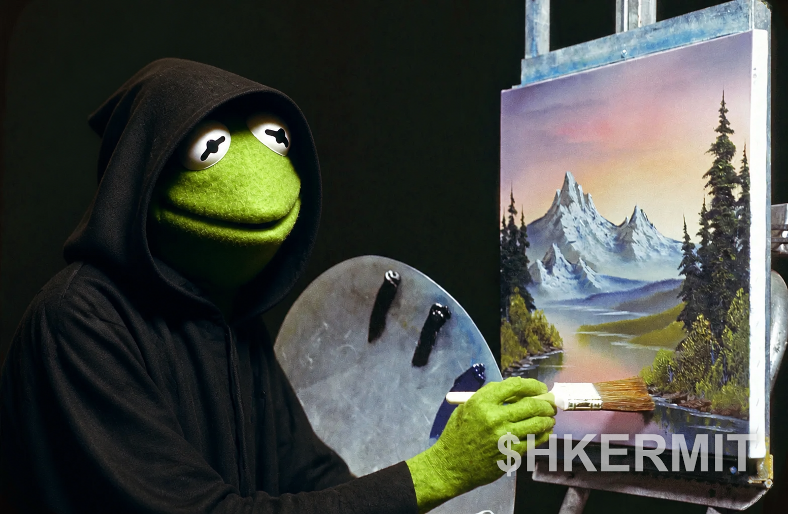 Kermified meme: hooded Kermit painting a mountain landscape