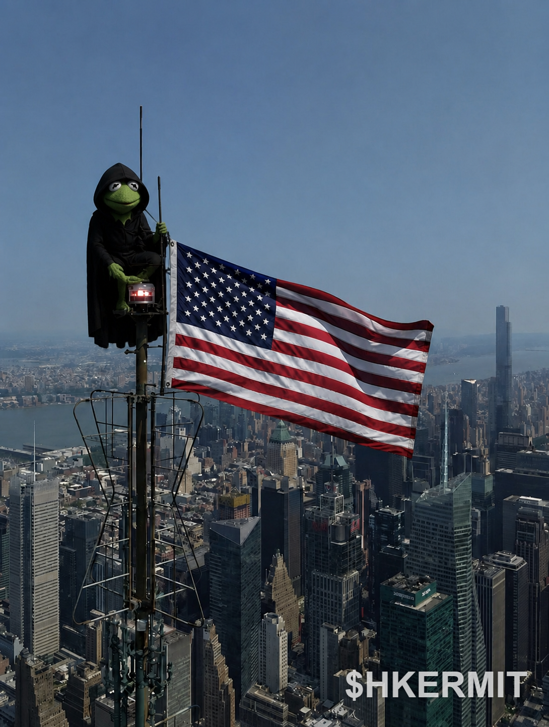 Kermified meme: hooded Kermit atop a skyscraper spire with a flag